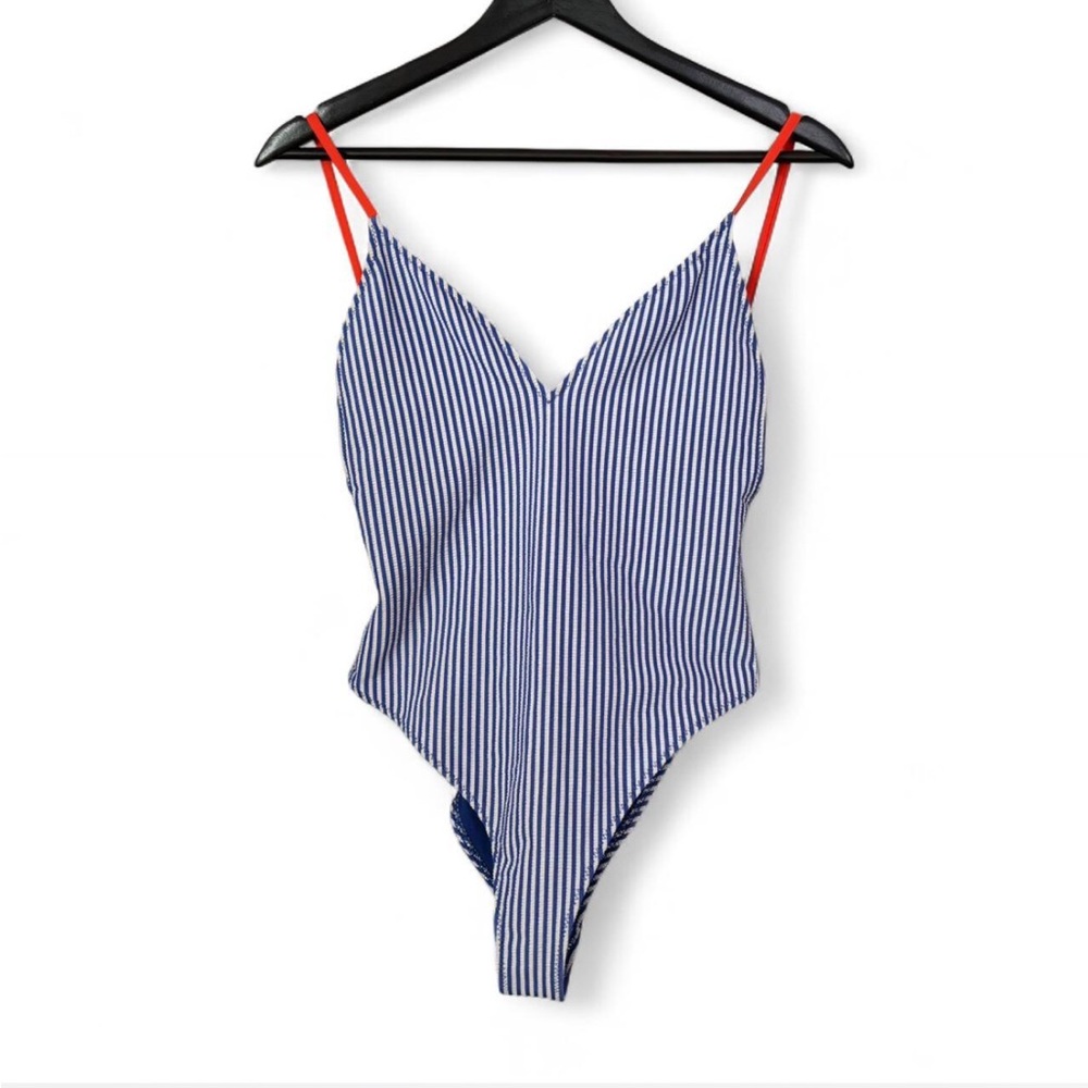 Zara Seersucker Blue and White Striped Swimsuit Red Orange Straps